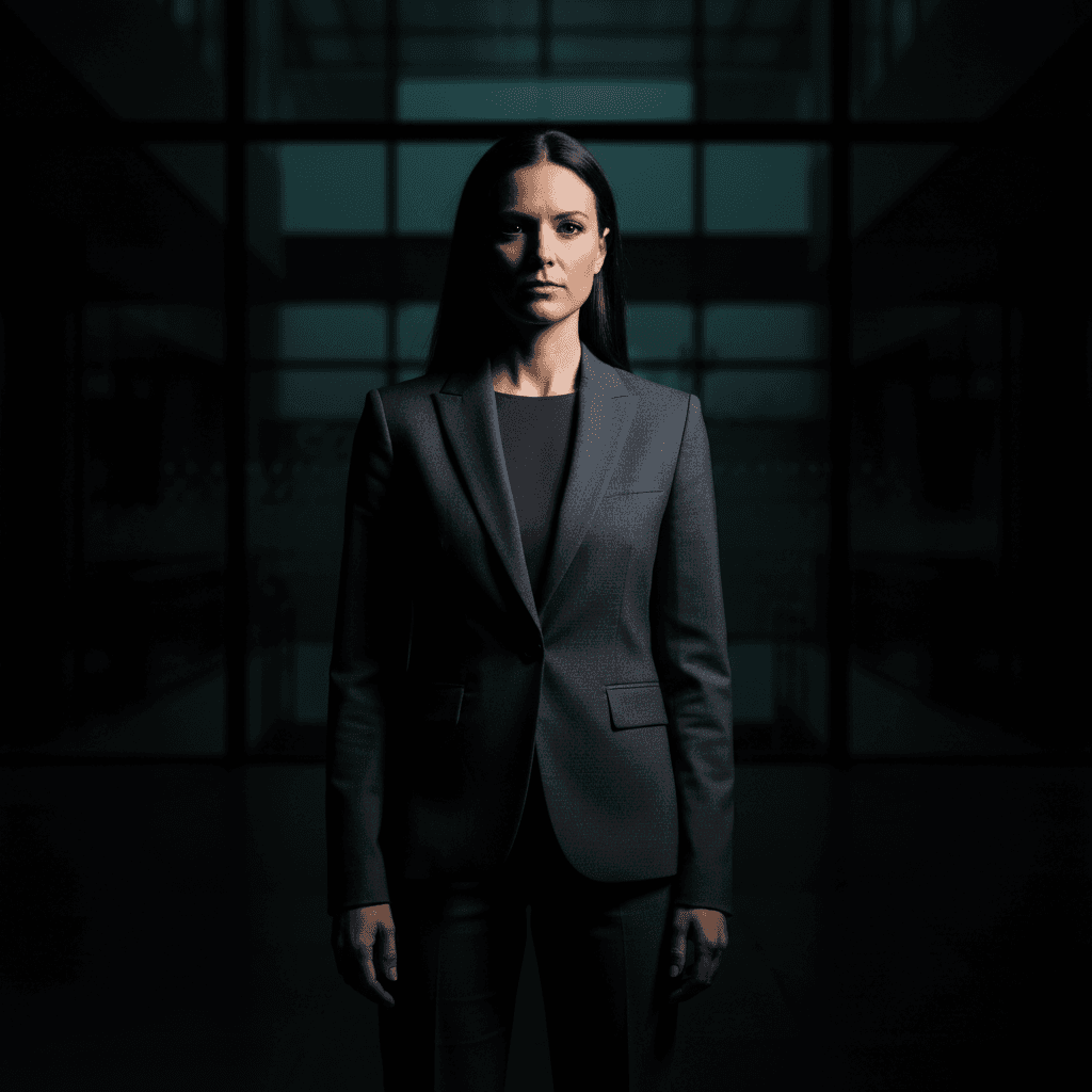 Professional brand portrait of a woman in a blazer in a modern office