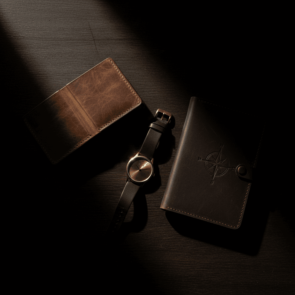 Product photography of leather wallet, watch, and notebook