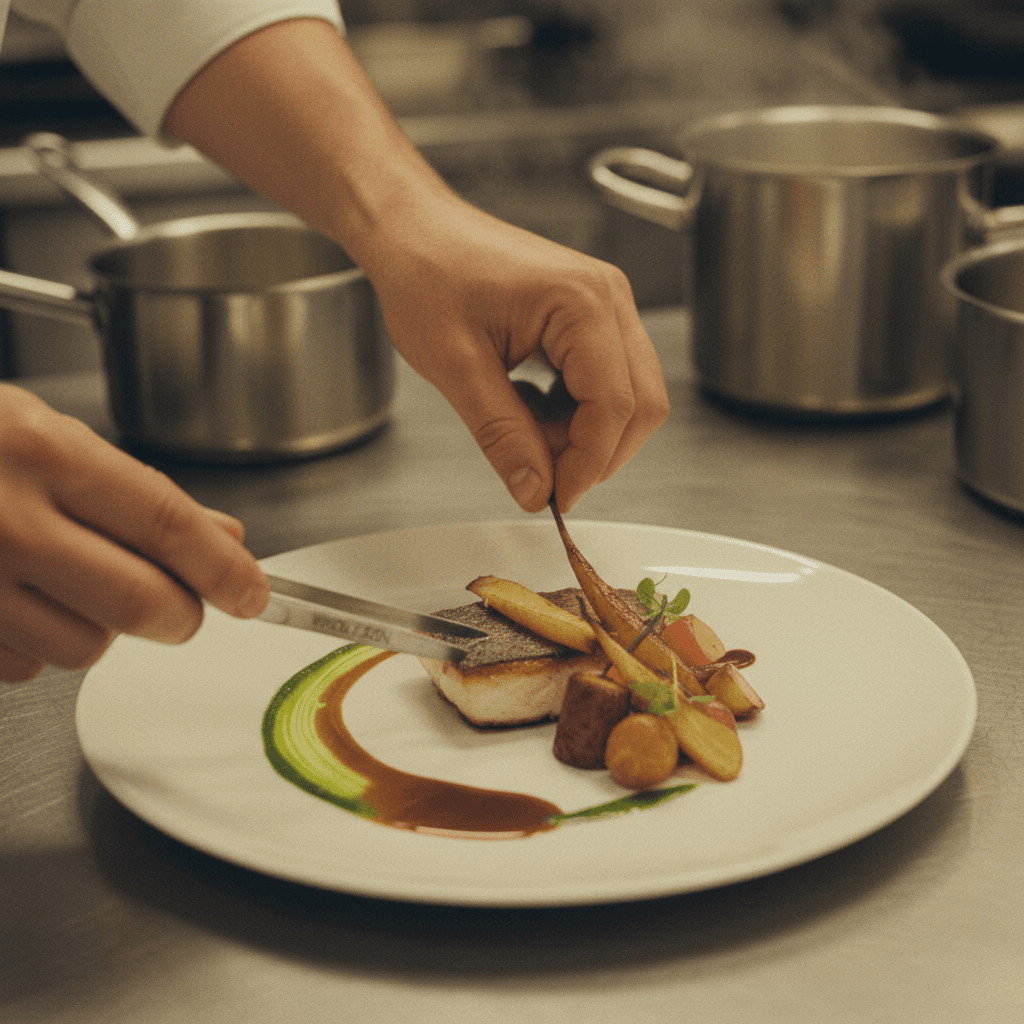 Chef plating a meal in a restaurant kitchen, hands in focus