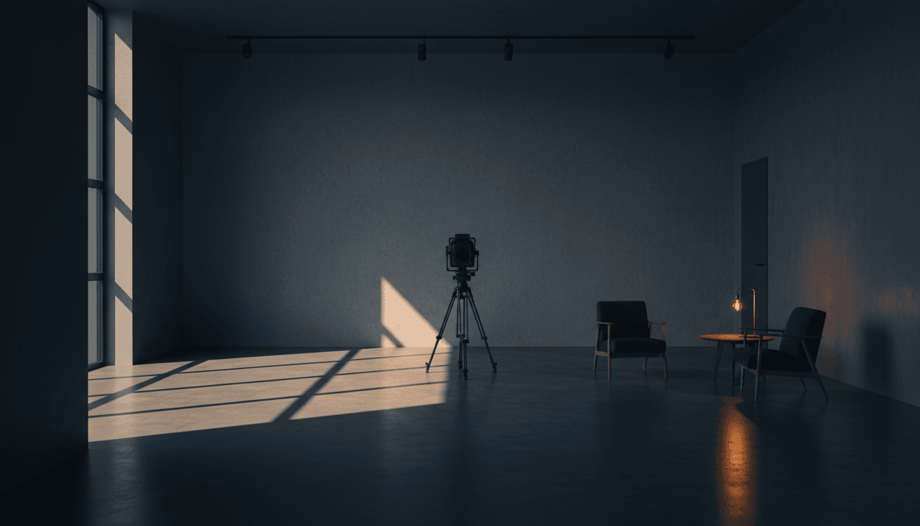 Minimalist photography studio with camera on tripod