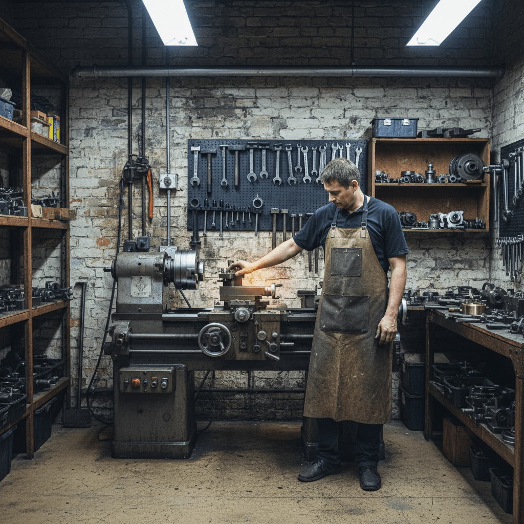 Industrial documentary shot of a craftsman in a workshop with metal lathe