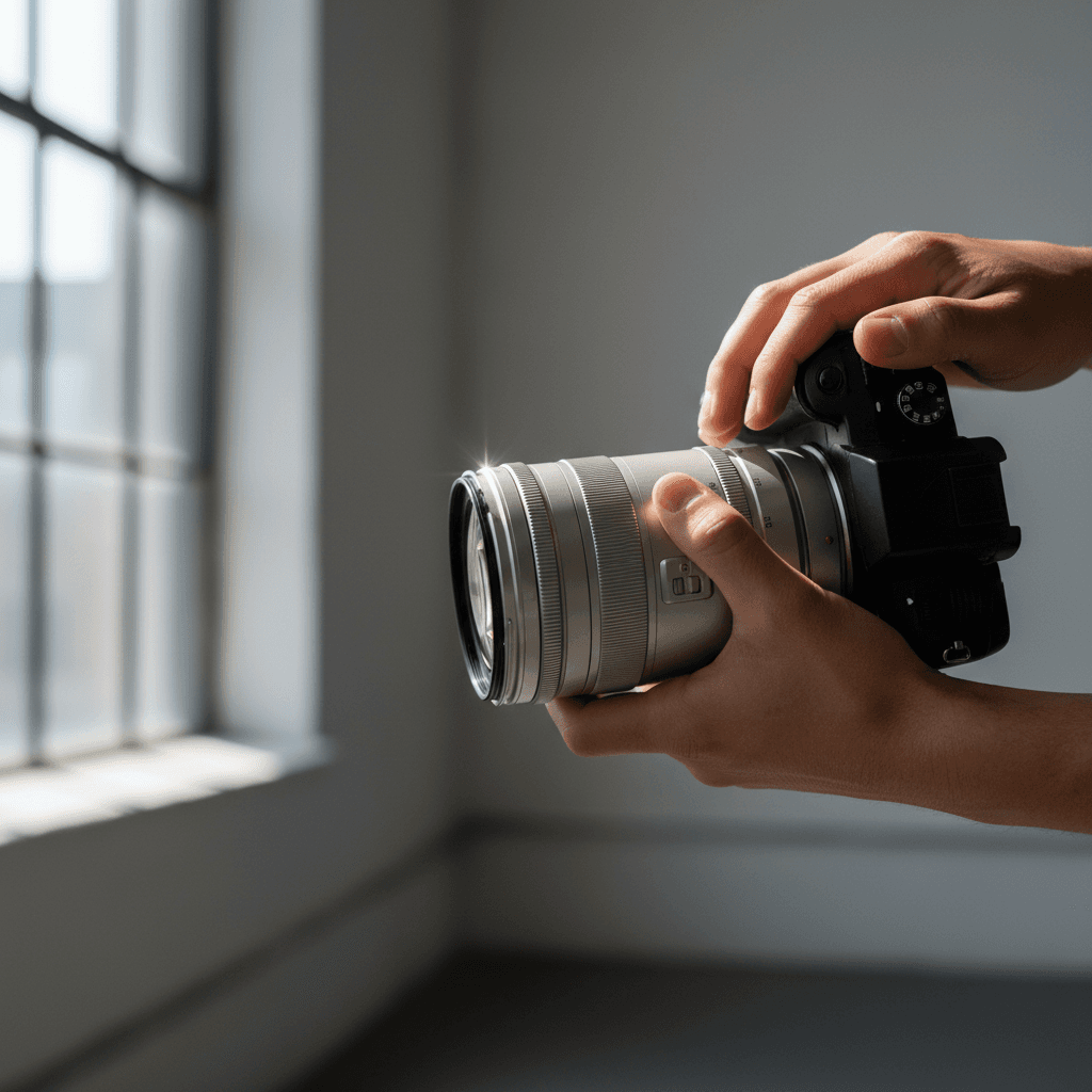 Photographer's hands adjusting a camera lens