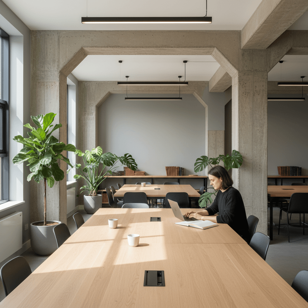 Modern co-working space interior with freelancer working at a desk