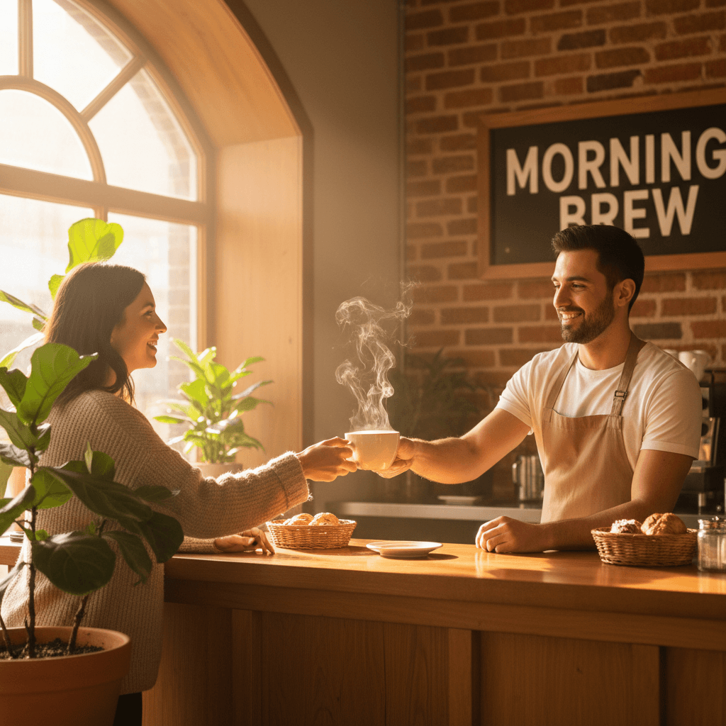 Candid lifestyle shot of barista serving coffee in a café