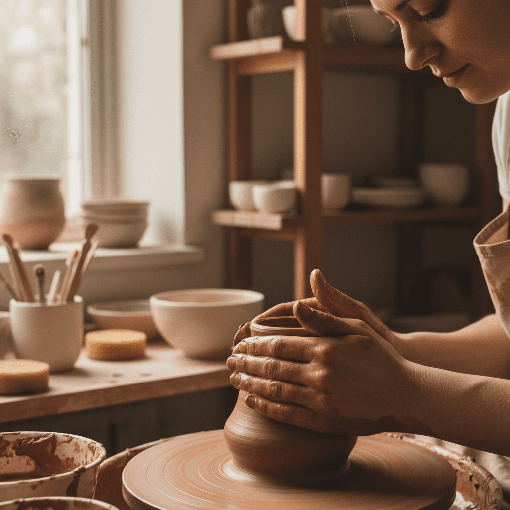 A ceramist's hands shaping clay on a pottery wheel, warm natural light highlighting the wet texture