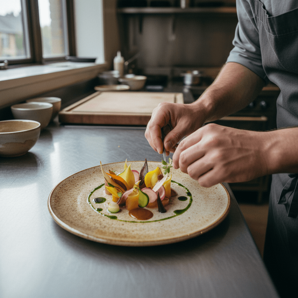 Chef plating a dish in a professional kitchen, steam rising