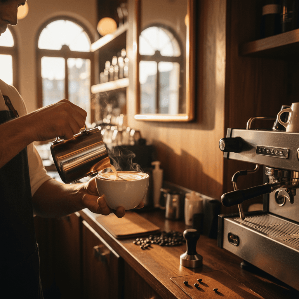 Barista pulling espresso in a local café, steam and warm tones creating a film-like atmosphere