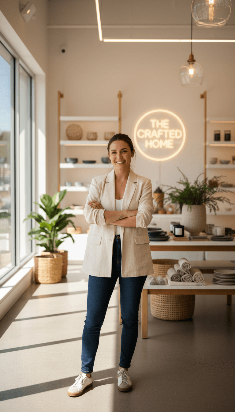 Small business owner portrait in Wolverhampton shop doorway during golden hour