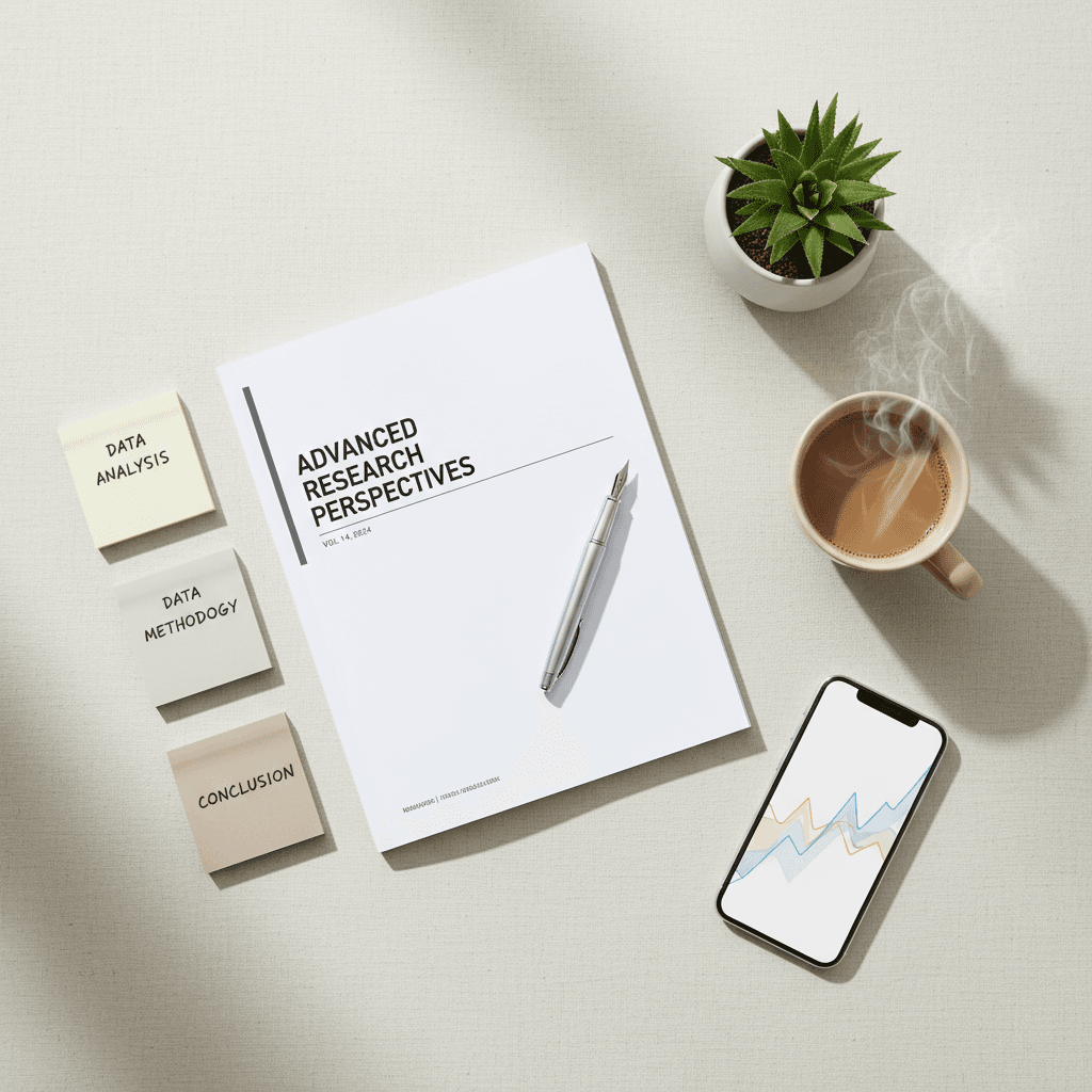 Brand flat lay with notebook, pen, plant, and smartphone on wood
