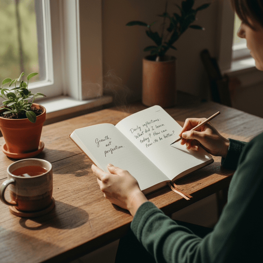 Hands holding notebook in cafe setting