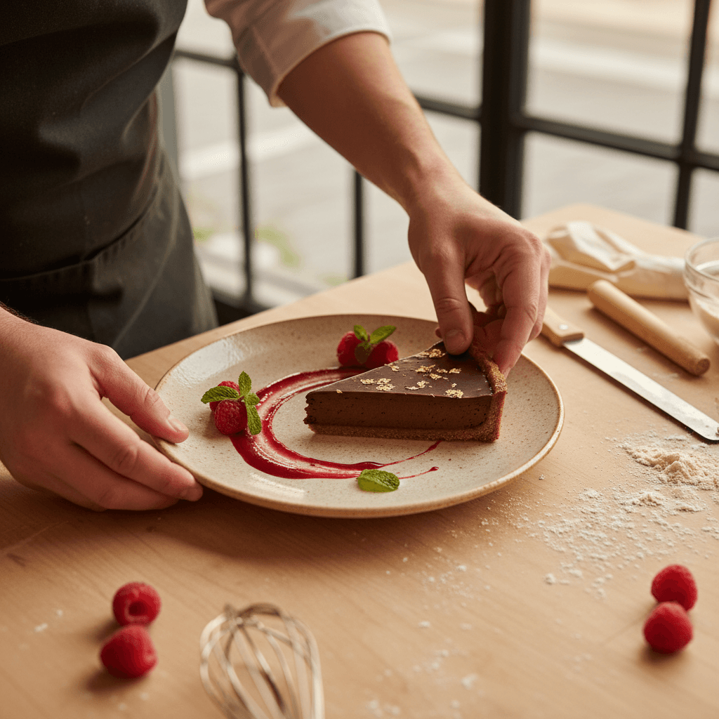 Close-up of a dark chocolate tart on slate, glossy surface and crumbs catching a spotlight