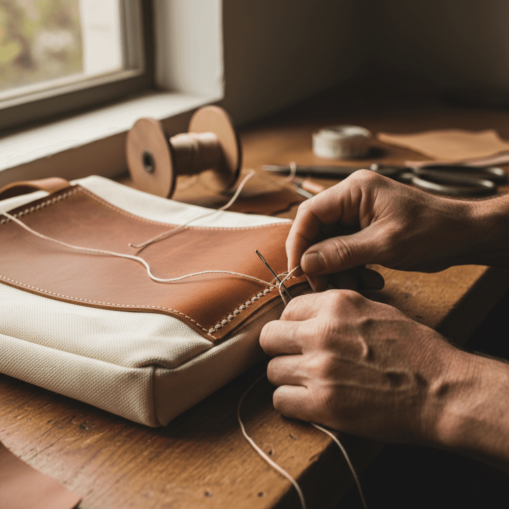 Overhead flat lay of a leather bag on wood with succulent and notebook