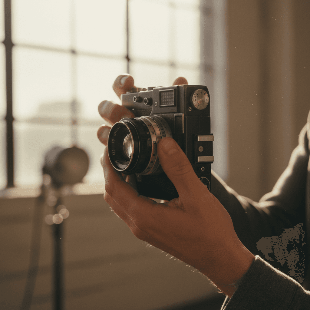 Close-up of hands holding a vintage film camera in dramatic lighting