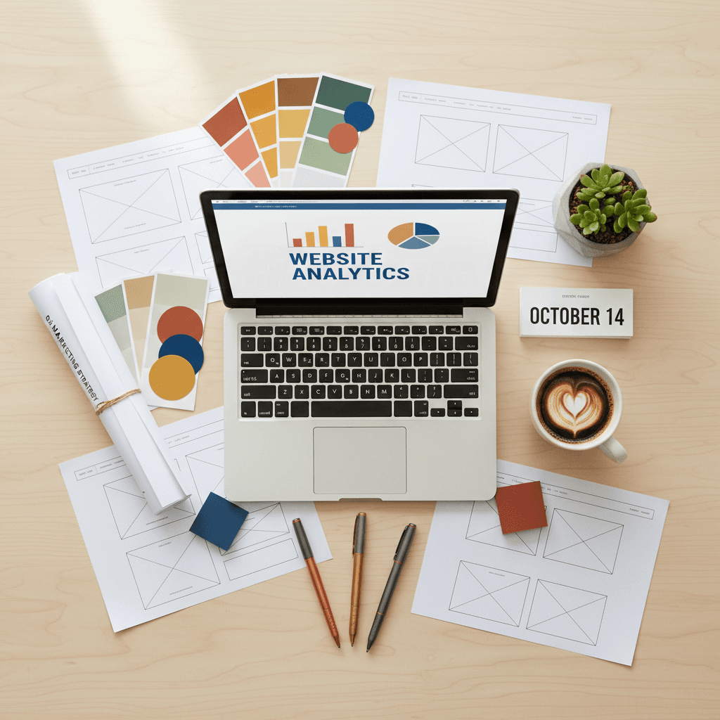 Flat lay of marketing materials and mood board on wooden desk