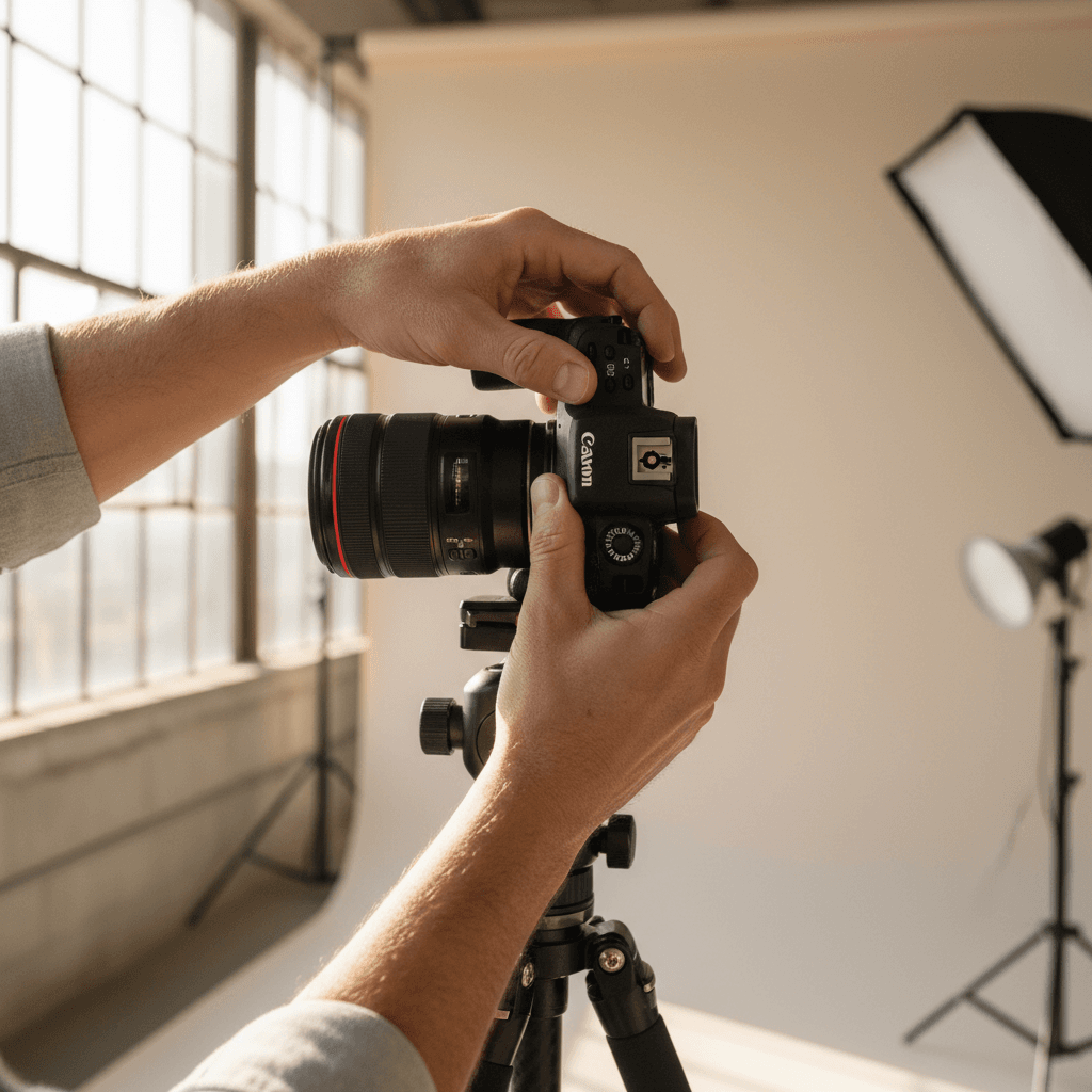 Behind-the-scenes photoshoot with photographer and subject in studio