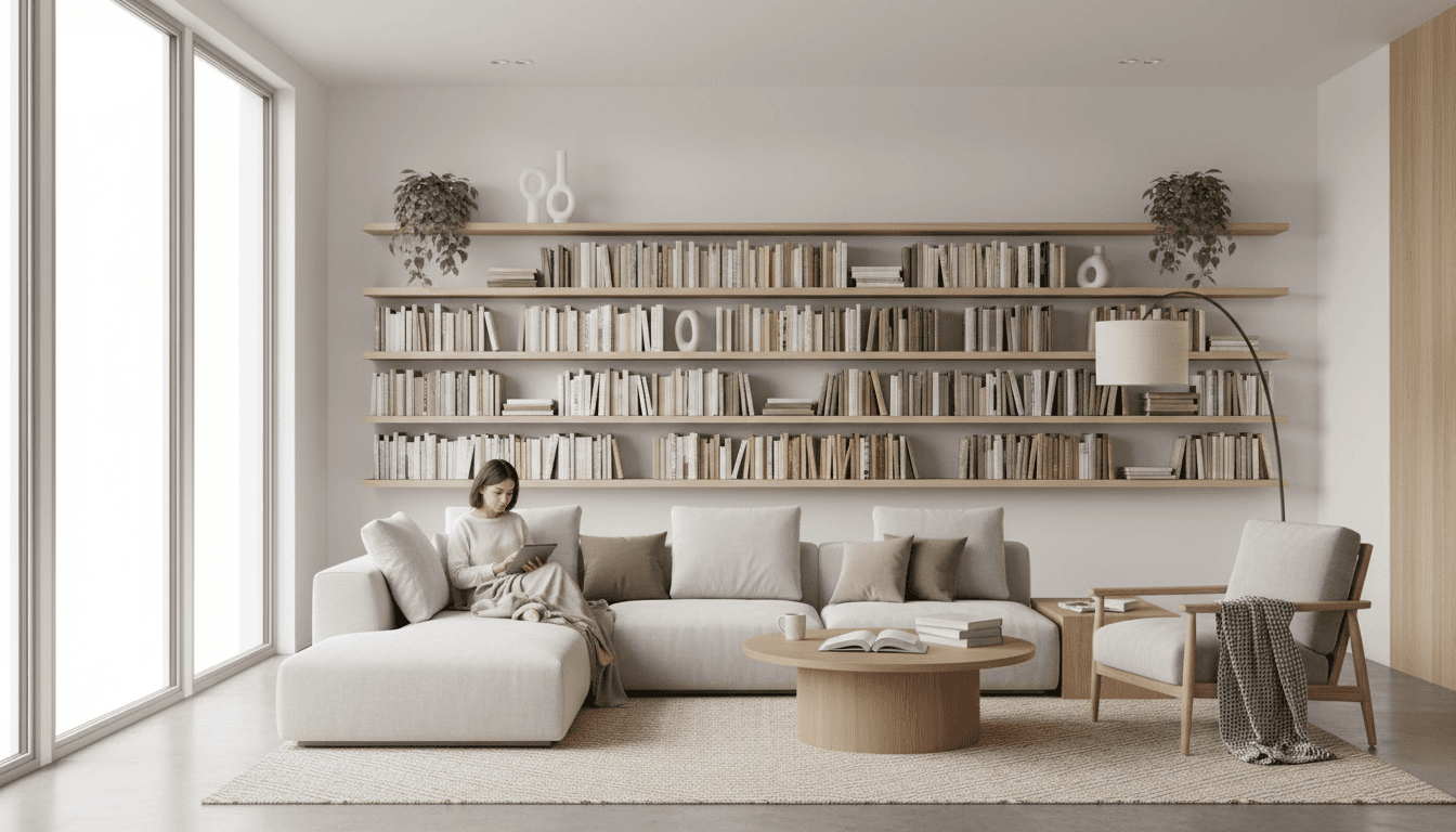 Wide shot of a reading nook with leather armchair, open book, and coffee in natural daylight