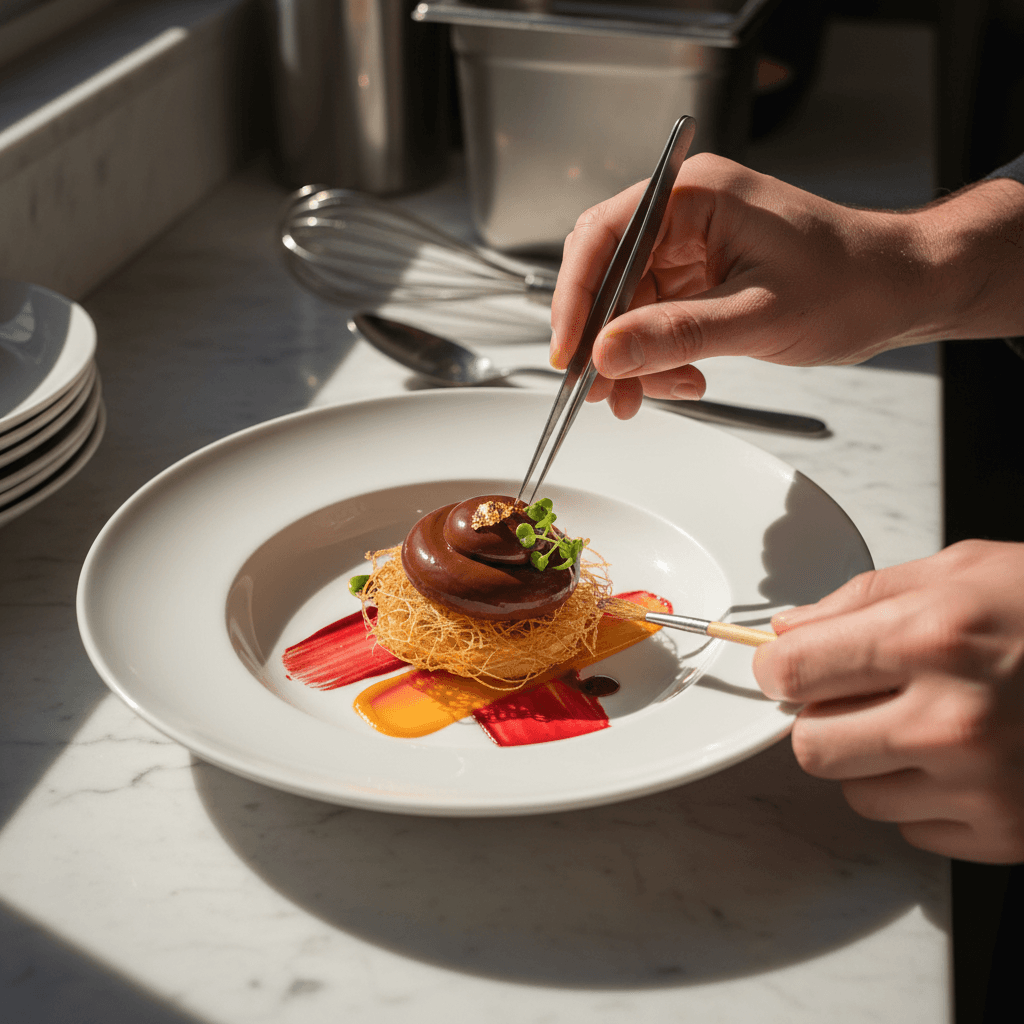 Close-up of chef's hands plating a dessert in a kitchen