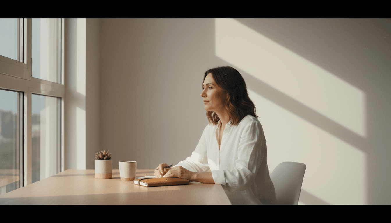 Professional brand portrait of a woman in a light-filled office, looking away from camera