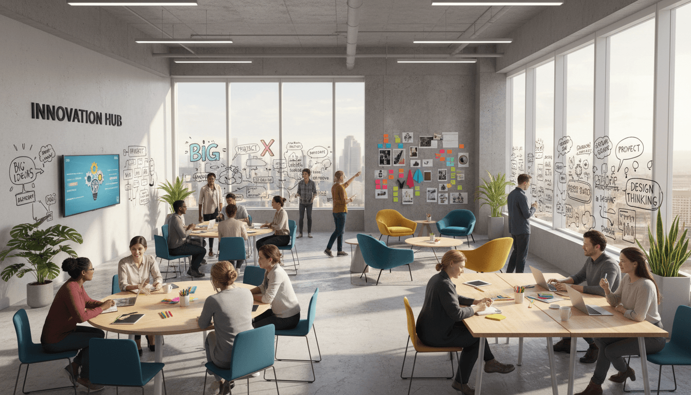 Team of three collaborating around a whiteboard in a sunlit co-working space