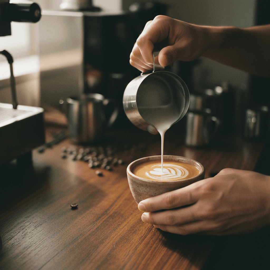 Barista pouring latte art in a cozy café setting